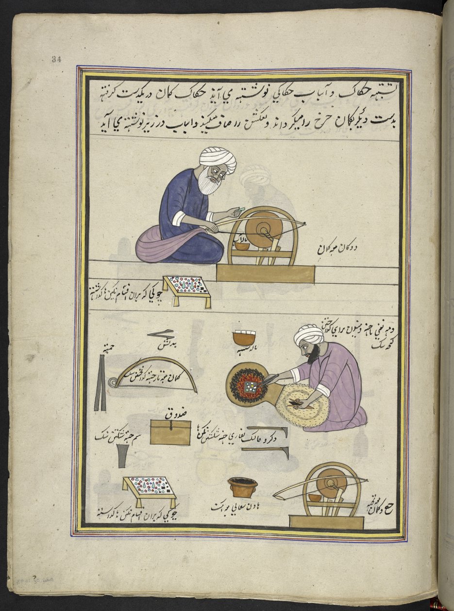 Jewellers Polishing Gems, 86 Drawings Bound into a Volume Depicting Trades and Occupations in Kashmir by Indian School