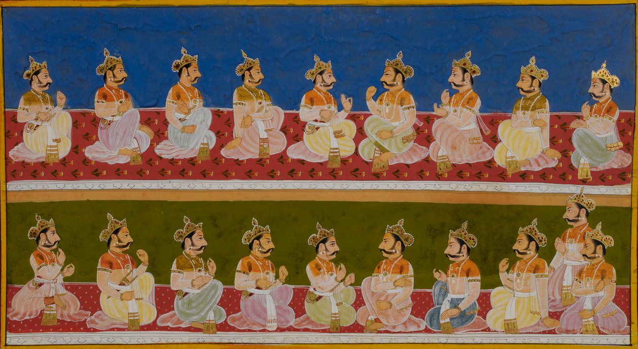 King Janaka shares the genealogy of his dynasty during the betrothal ceremony by Indian School
