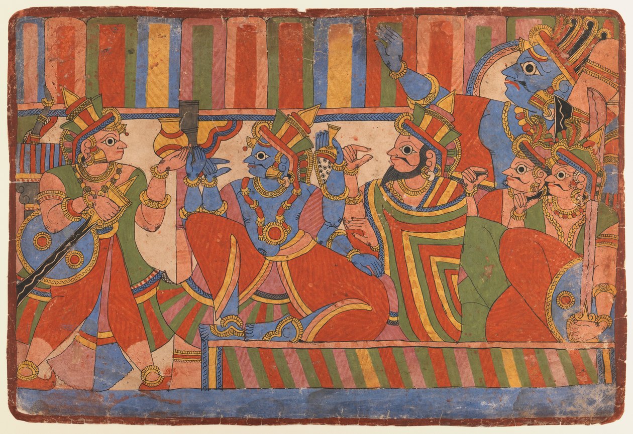 Krishna counsels the Pandava leaders by Indian School