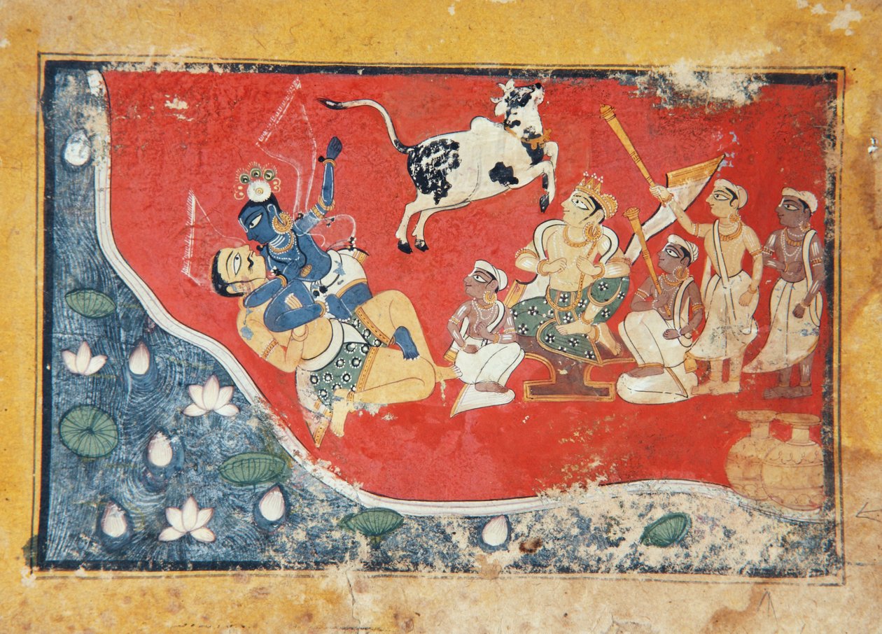 Krishna Defeats a Demon Beside a River by Indian School