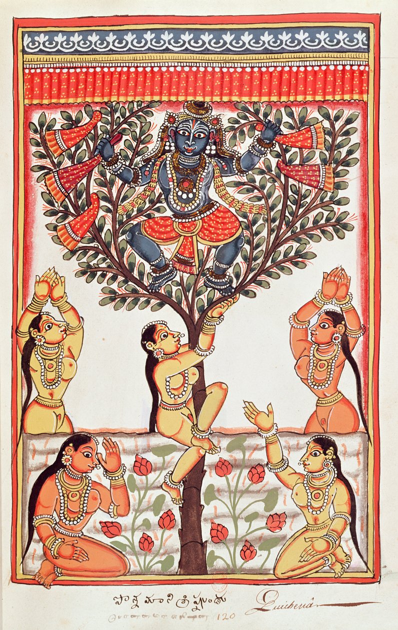 Krishna stealing the clothes of the Gopi swimming in the River Yamuna by Indian School