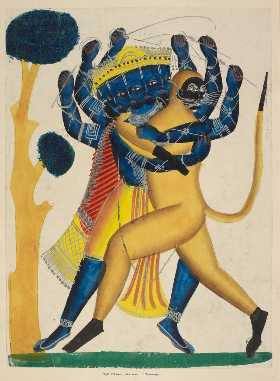Hanuman fighting Ravana, c.1865 (watercolor on paper) by Indian School