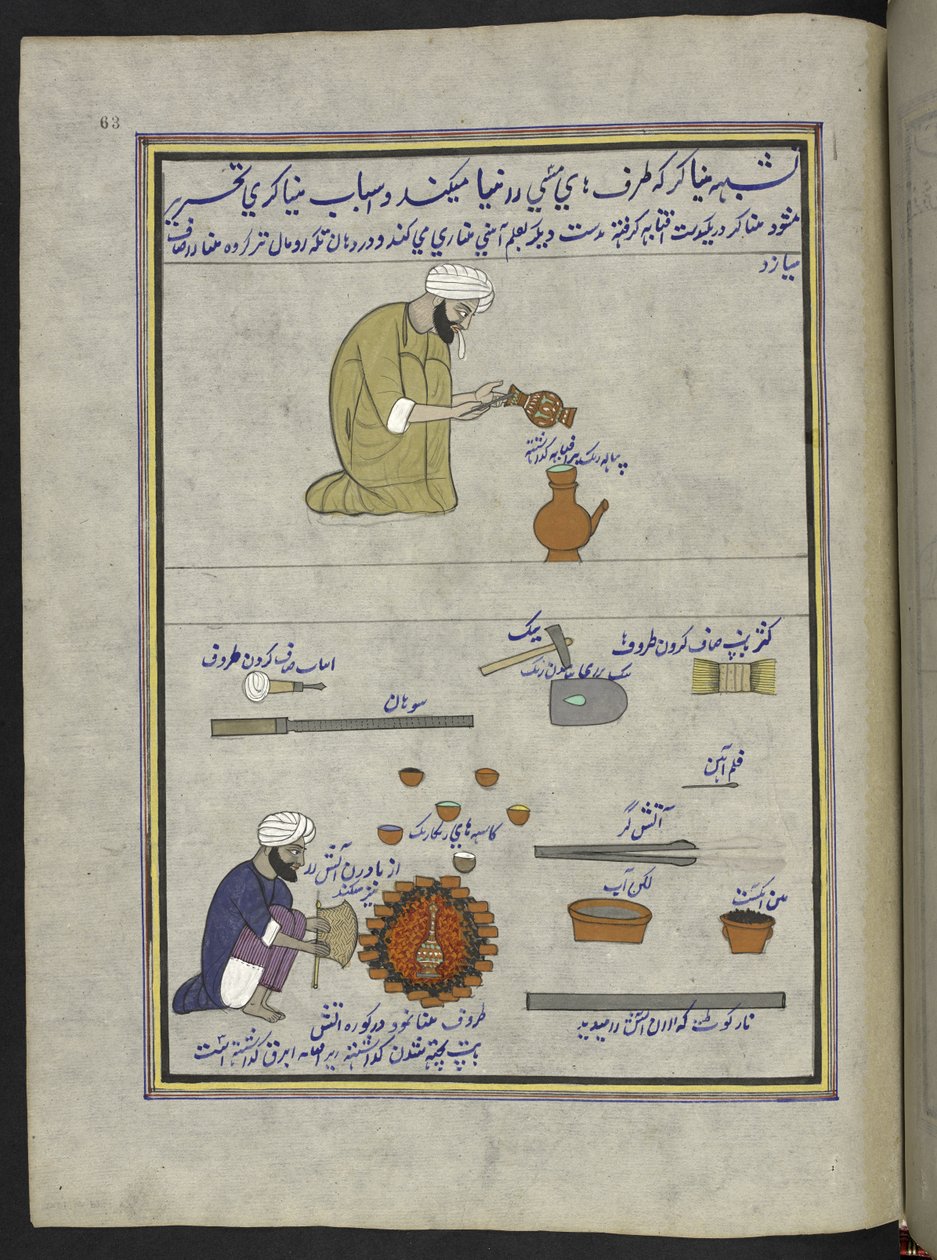 Pot-enamellers, 86 drawings bound into a volume depicting trades and occupations in Kashmir, Craftsmen are shown at work with their implements and equipment, By a Kashmir artist, probably at Srinagar, c.1850-60 by Indian School