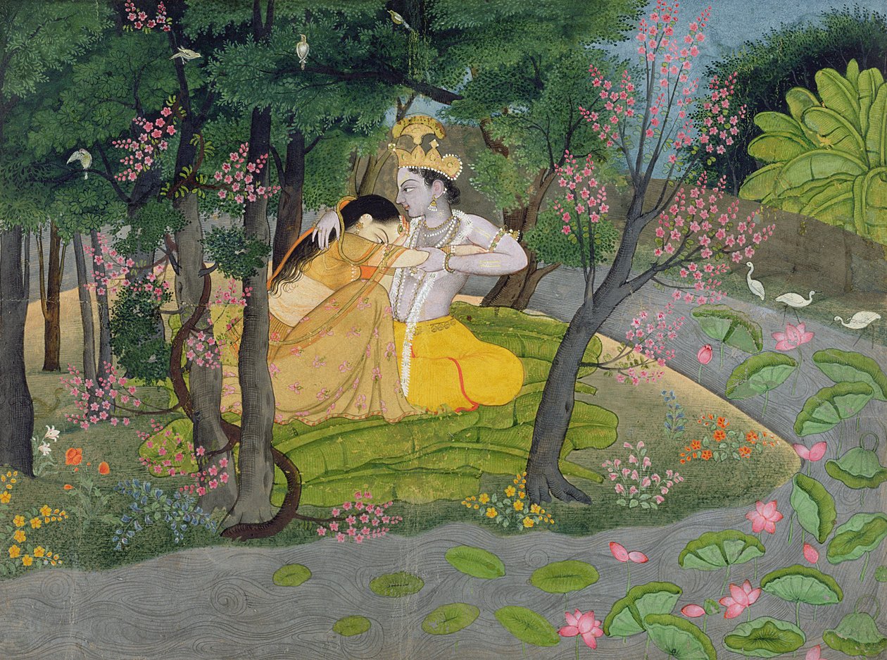 Radha and Krishna embrace in a grove of flowering trees by Indian School