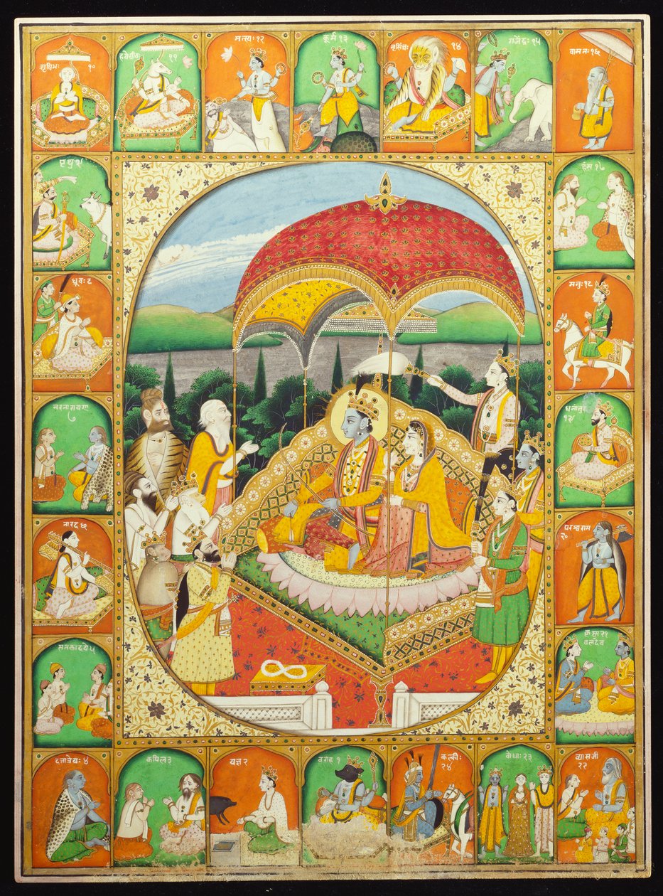 Rama and Sita Enthroned, worshipped by Shiva, Hanuman and others, 1800-20 by Indian School