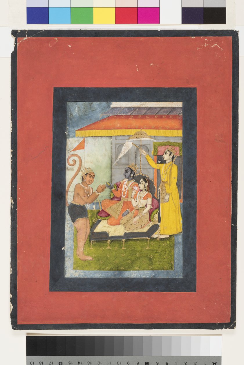 Rama and Sita Enthroned, Adored by Hanuman; Lakshmana Holds a Morchal