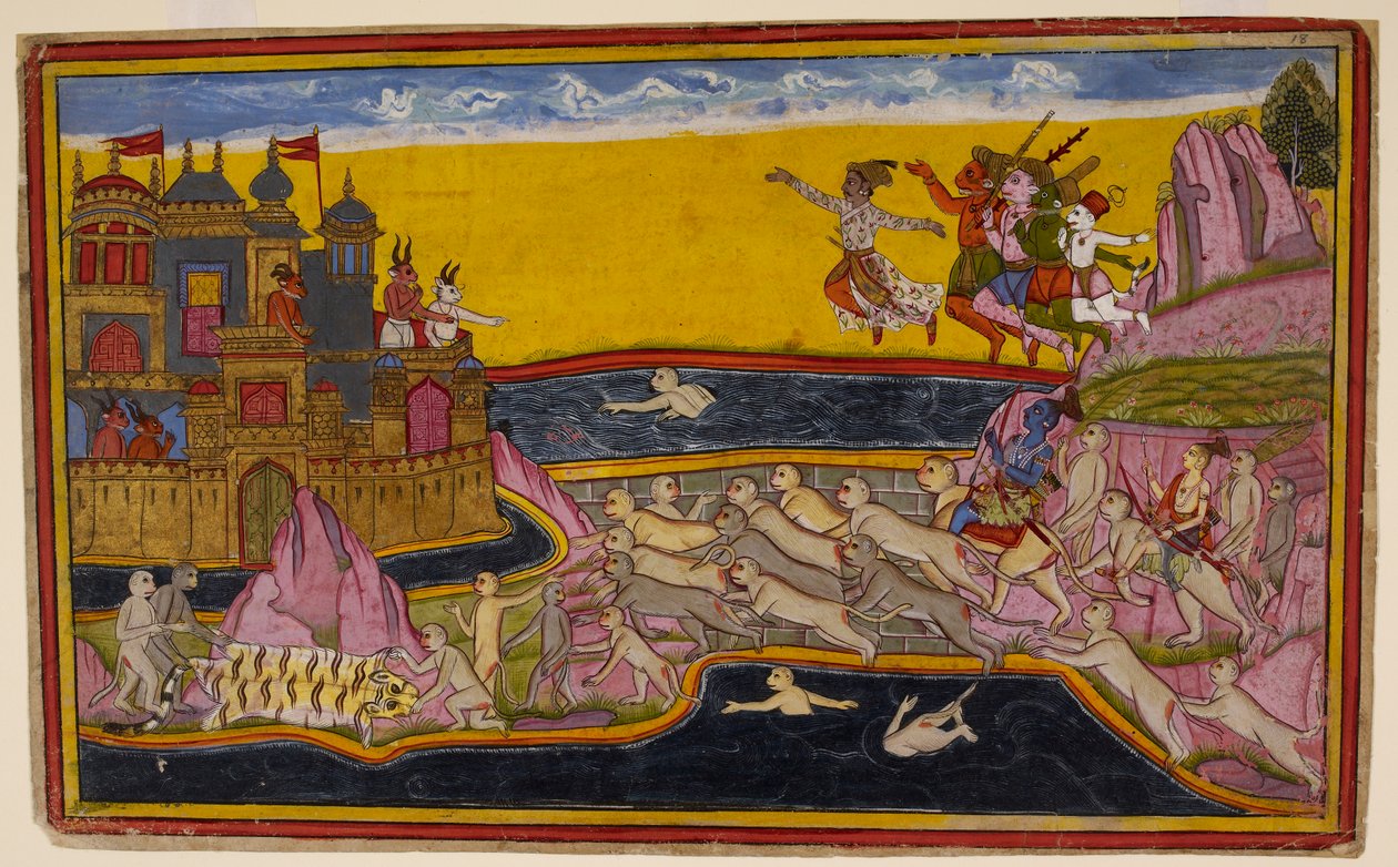 Rama, with the help of the monkey engineer Nala, builds a bridge across the sea to Lanka, enabling the monkeys and demons to cross, c.1653 (miniature) by Indian School