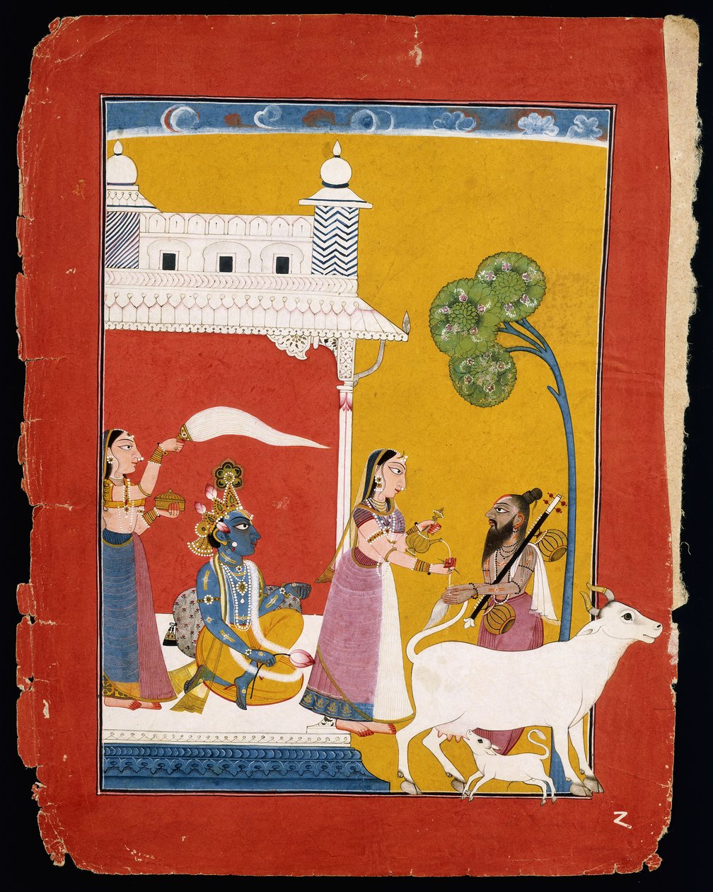 Rukmini offering water to the sage Narada while her consort Krishna sits in her house by Indian School