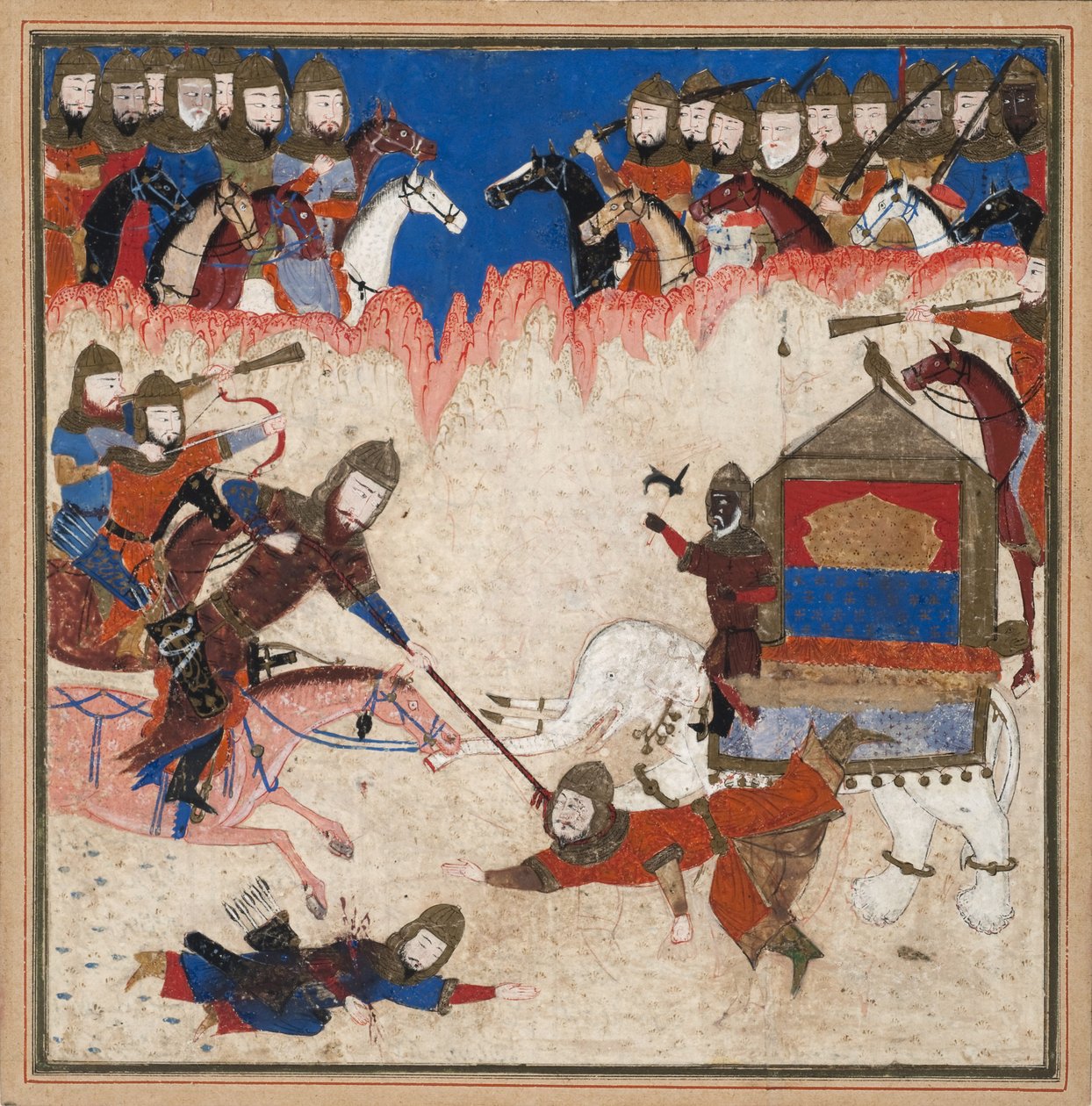 Rustam lassos the Khaqan of China and pulls him from his elephant