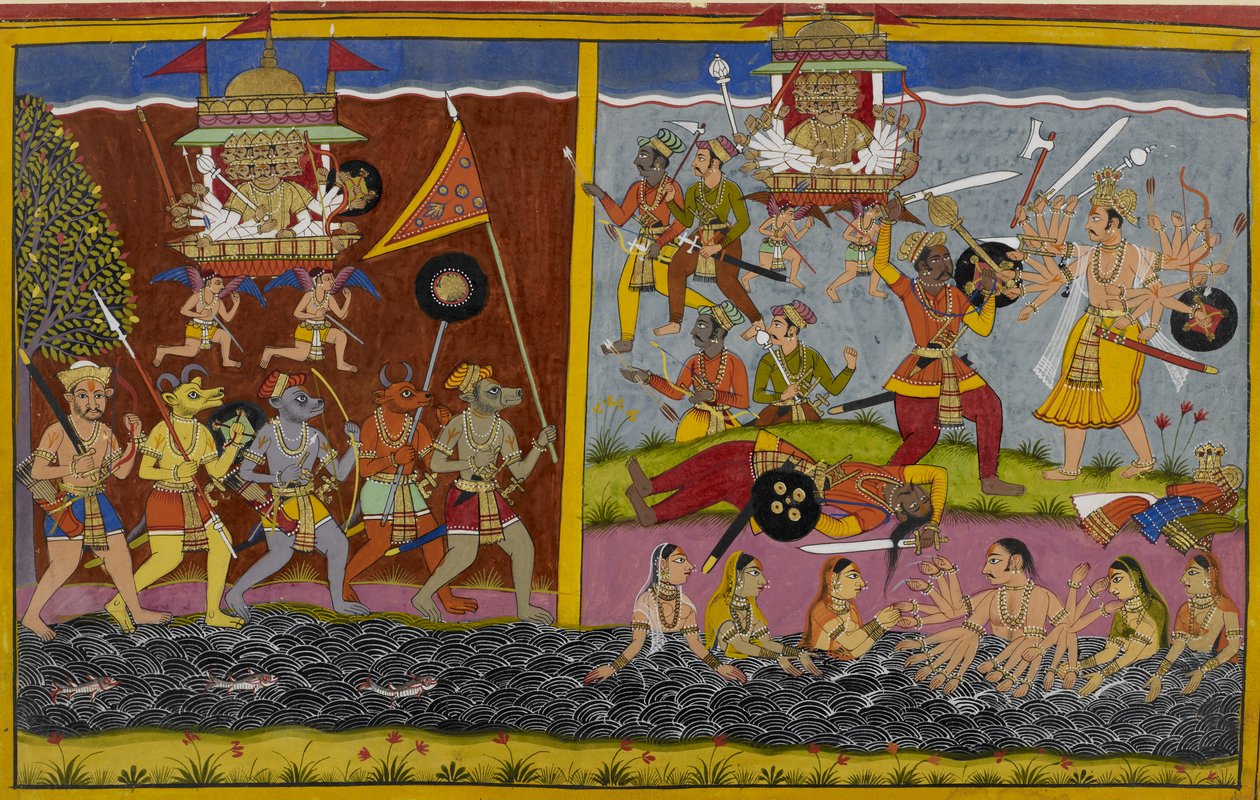 Ravana advances to fight Arjuna, who defeats his general Prahasta by Indian School
