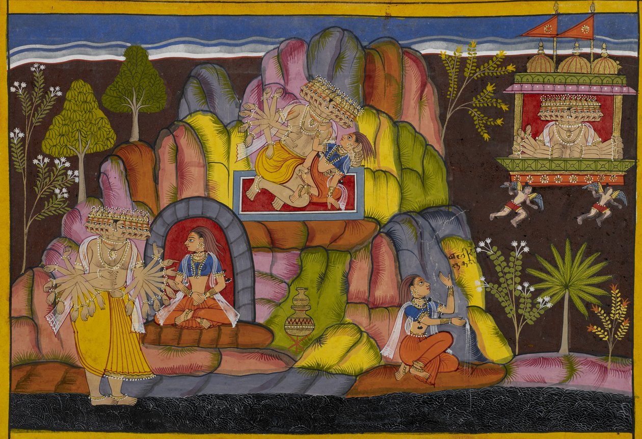 Ravana seizes Vedavati, who curses him and vows to cause his downfall as Sita by Indian School