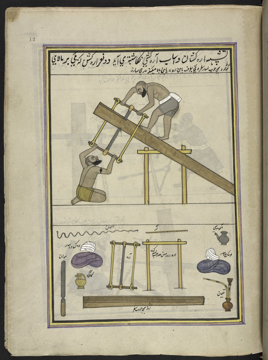 Sawyers, 86 drawings bound into a volume depicting trades and occupations in Kashmir, Craftsmen are shown at work with their implements and equipment, By a Kashmir artist, probably at Srinagar by Indian School