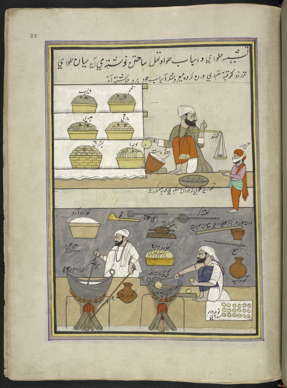 Sweetmeat-makers, 86 drawings bound into a volume depicting trades and occupations in Kashmir, Craftsmen are shown at work with their implements and equipment, By a Kashmir artist, probably at Srinagar by Indian School