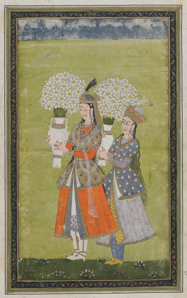 Two ladies carry flowers, detached album folio with painting by Indian School