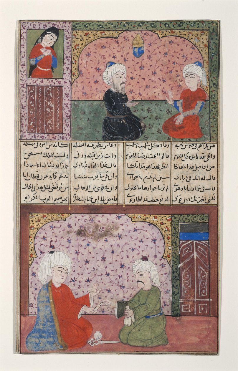 Two men in a room with decorated walls by Indian School