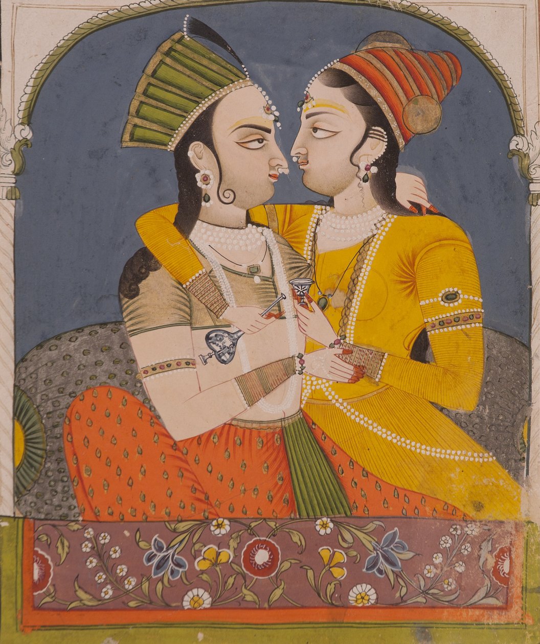 Two queens sharing a drink, from Lovers embrace in an alcove by Indian School