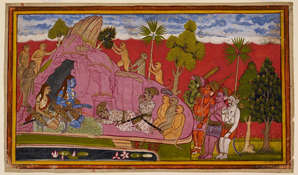 Vibhishana abandons Ravana and, with his followers, joins Rama, bowing before him. 1653 (miniature) by Indian School