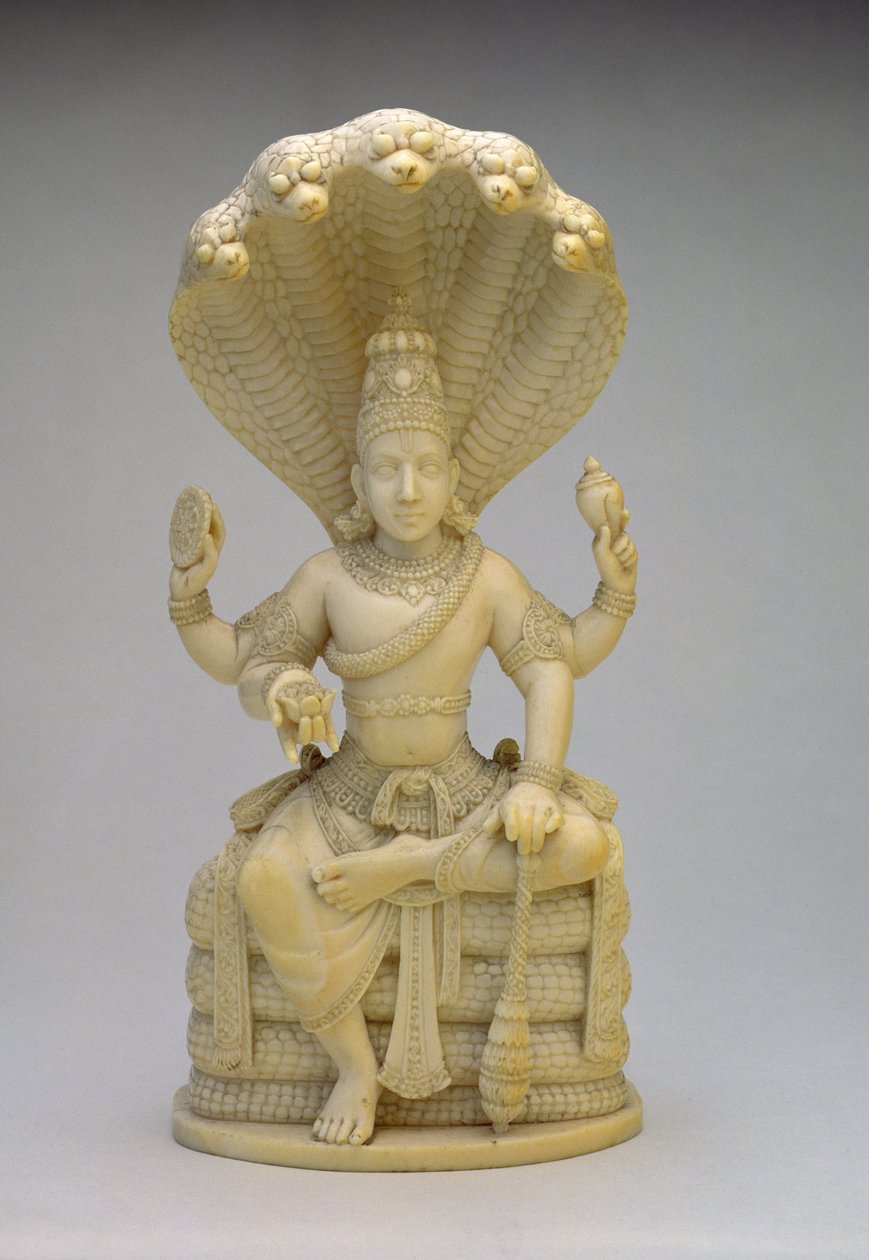 Vishnu, seated on the Serpent Sesha, holding a shell, mace, disc and lotus by Indian School