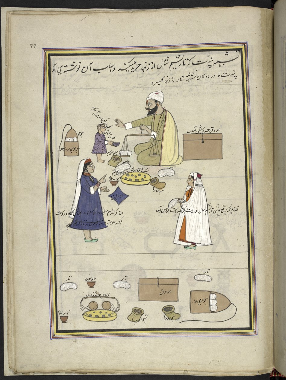 Women returning the spun shawl wool, 86 drawings bound into a volume depicting trades and occupations in Kashmir, Craftsmen are shown at work with their implements and equipment, By a Kashmir artist, probably at Srinagar, c.1850-60 by Indian School