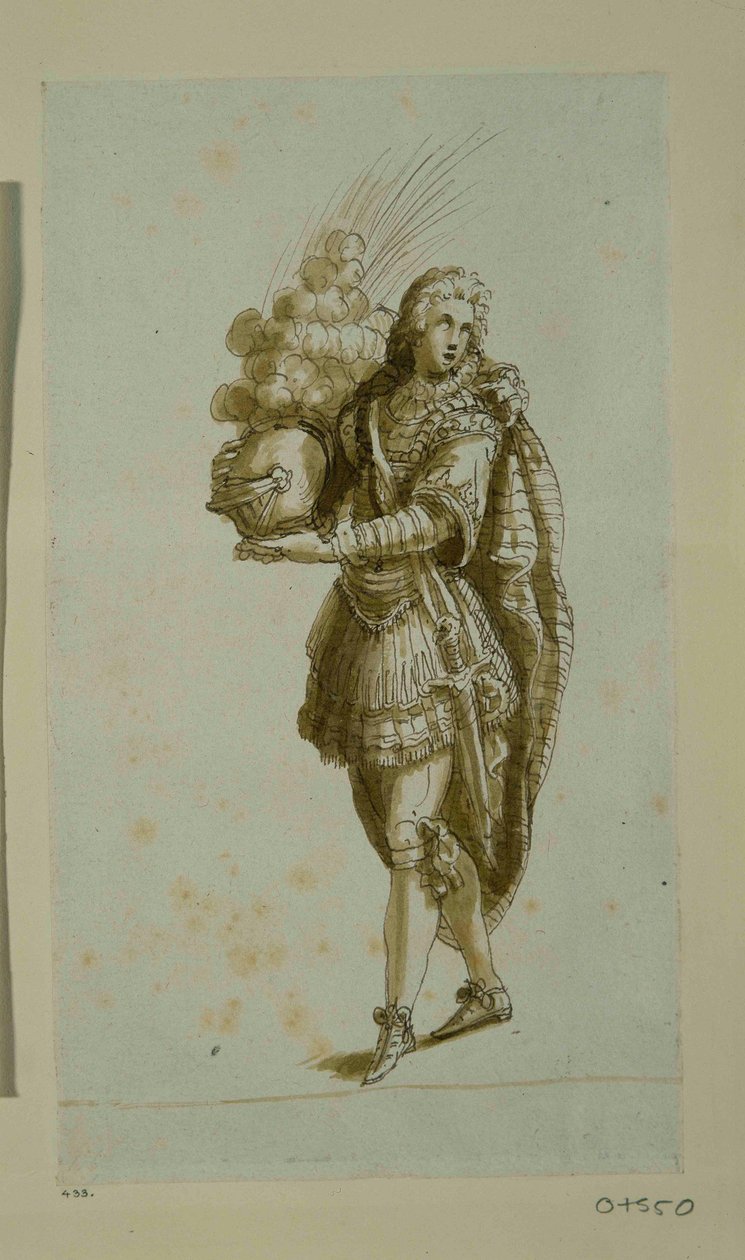 Page bearing a helmet by Inigo Jones