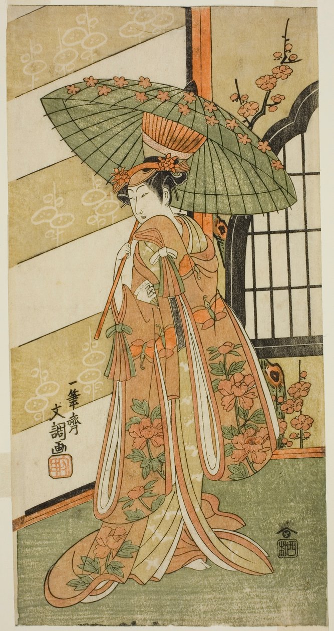The Actor Onoe Tamizo I as Nishikigi in the Play Mutsu no Hana Ume no Kaomise, Performed at the Ichimura Theater in the Eleventh Month, 1769 by Ippitsusai Bunchō