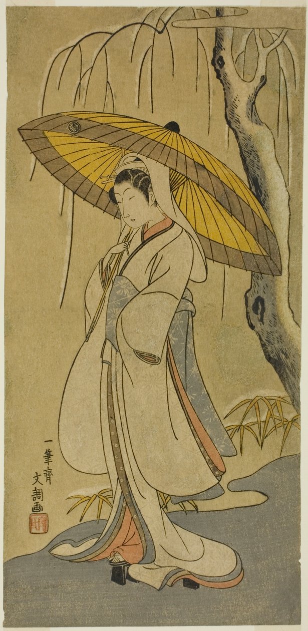 The Actor Segawa Kikunojo II as the Heron Maiden in the play "Cotton Wadding of Izu Protecting the Matrimonial Chrysanthemums," performed at the Ichimura Theater from the first day of the eleventh month, 1770 by Ippitsusai Bunchō