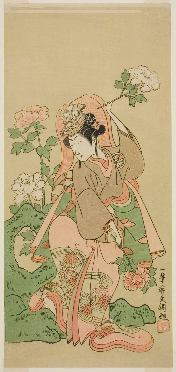 The Actor Segawa Kikunojo II in Shakkyo Dance in the Play Soga Moyo Aigo no Wakamatsu, Performed at the Nakamura Theater in the Second Month, 1769 by Ippitsusai Bunchō
