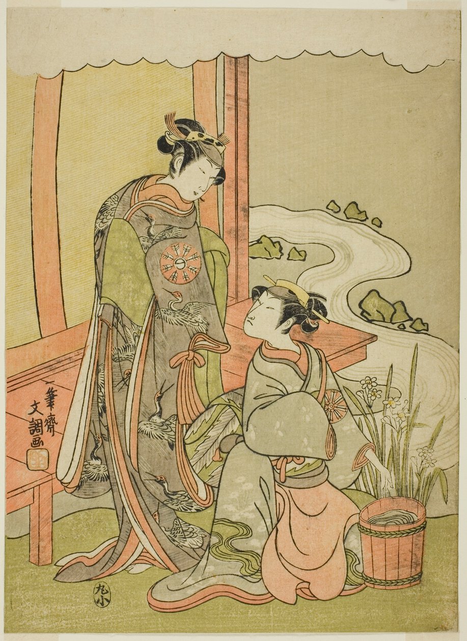 The Actors Nakamura Tomijuro I as Enju Disguised as the Shirbyoshi Gio, and Nakamura Noshio I as Goo Disguised as Hotoke Gozen, in the Play Miyako-zome Gio Katsugi, Performed at the Morita Theater in the Eleventh Month, 1770 by Ippitsusai Bunchō