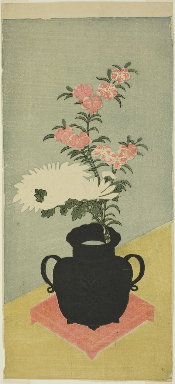 White Chrysanthemums and Pinks in a Black Vase by Ippitsusai Bunchō