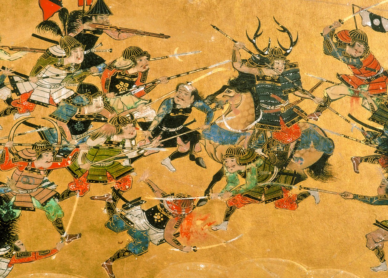 Middle two panels depicting scenes from the Battle of Osaka, Japan, 2005 by Ira Block
