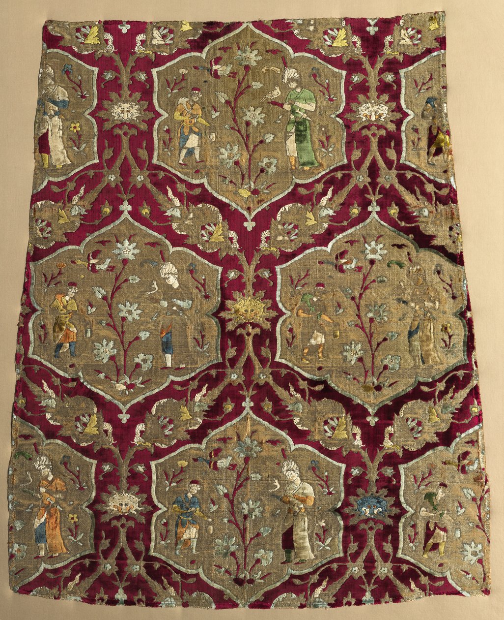 Brocaded Velvet with Falconer and Attendant in Animated Lattice, from a Robe by Iranian School