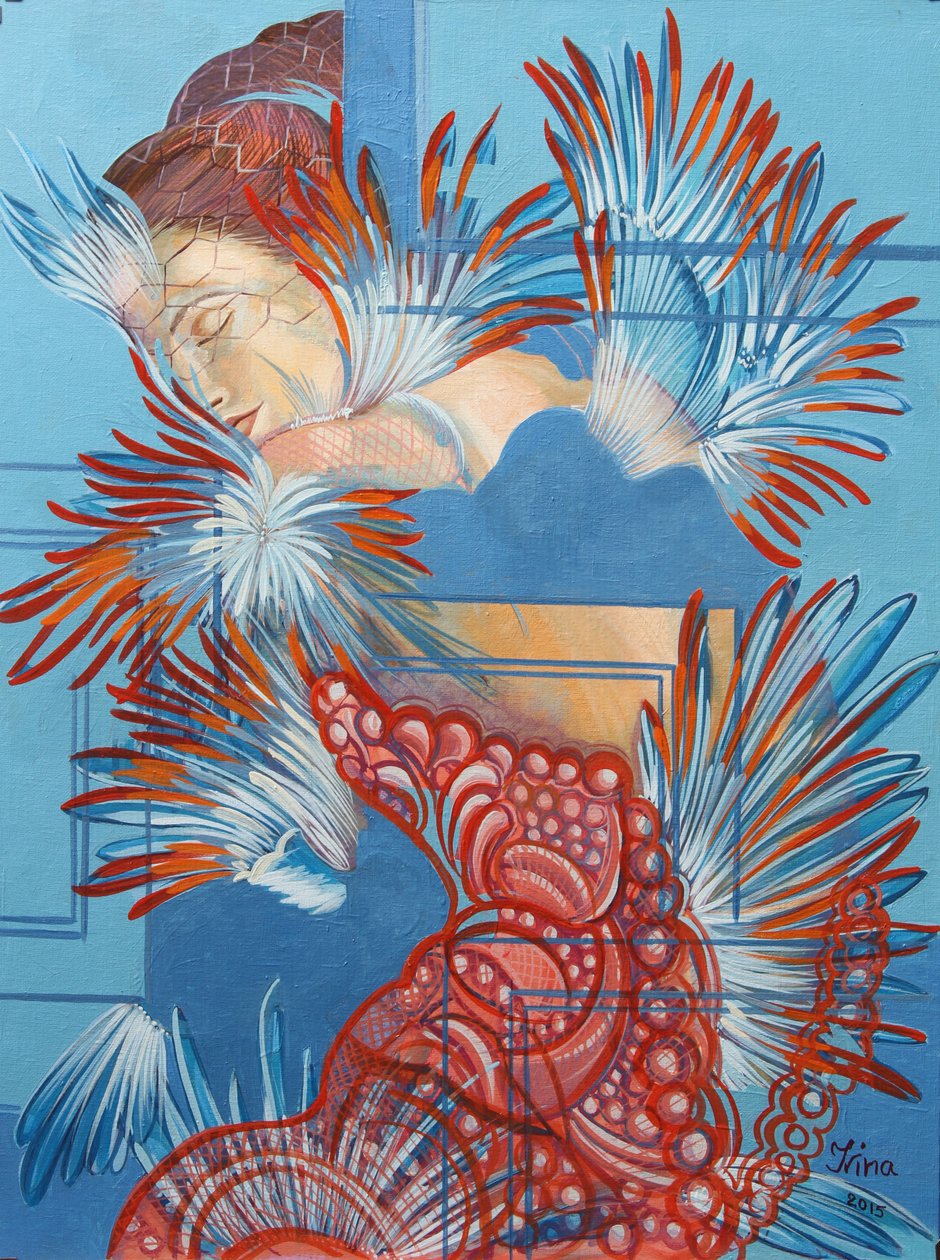 Red Dress and Chickadees, 2015 by Irina Corduban