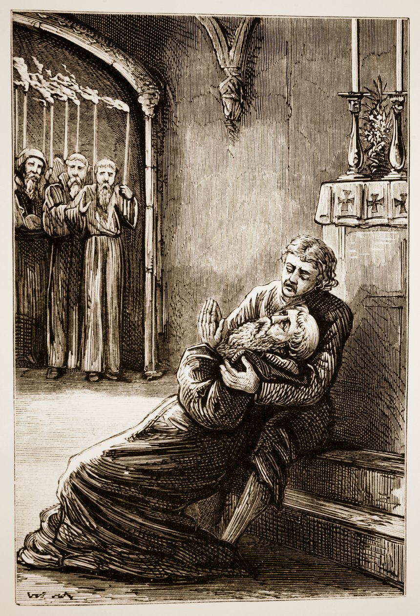 Death of St. Columba, from The Trias Thaumaturga, or Three Wonder-Working Saints of Ireland, by Mary Cusack (1829-99) Published c.1890s by Irish School