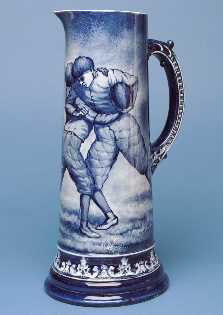 Large Belleek jug with rugby scene (ceramic) by Irish School