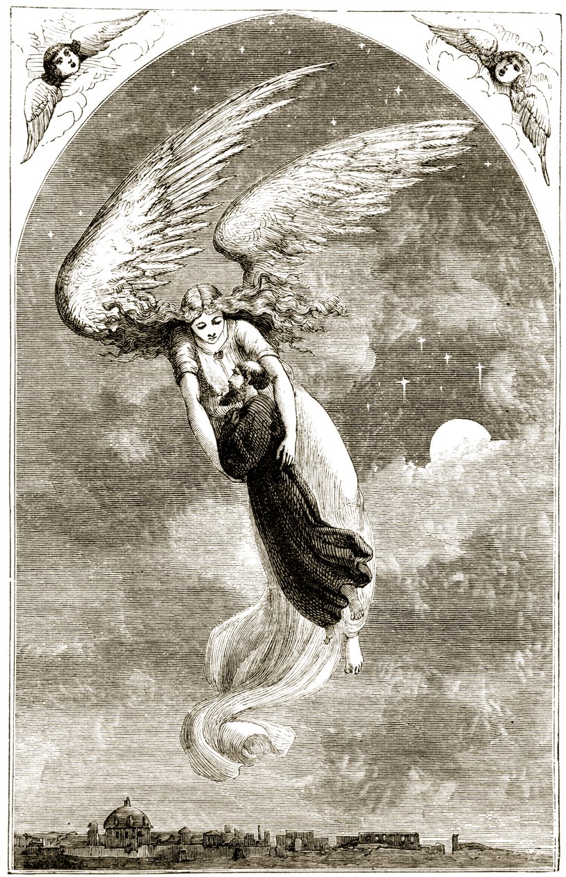 St. Patrick Carried to Rome by the Angel, from The Trias Thaumaturga, or Three Wonder-Working Saints of Ireland, by Mary Cusack (1829-99) Published c.1890s by Irish School