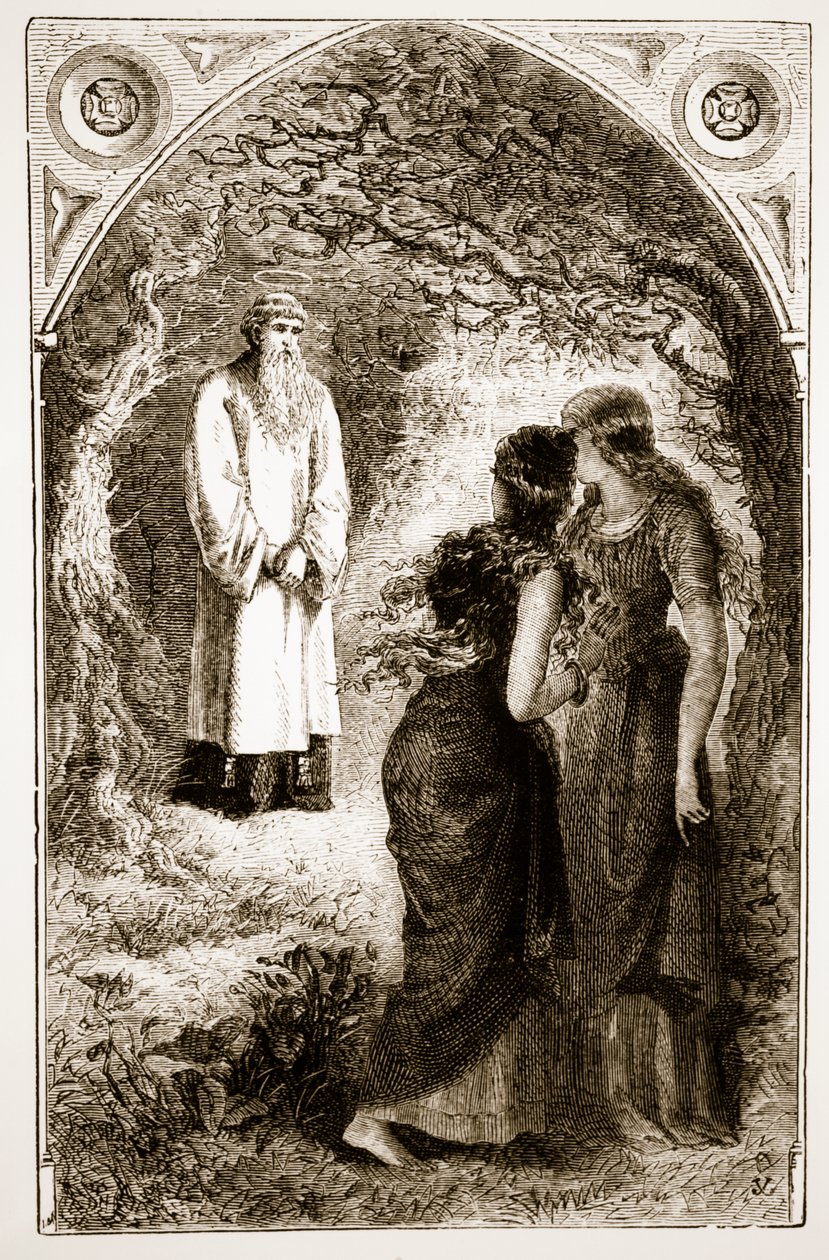 St. Patrick Met by Virgins in the Wood of Fochlut, from The Trias Thaumaturga, or Three Wonder-Working Saints of Ireland, by Mary Cusack (1829-99) Published c.1890s by Irish School