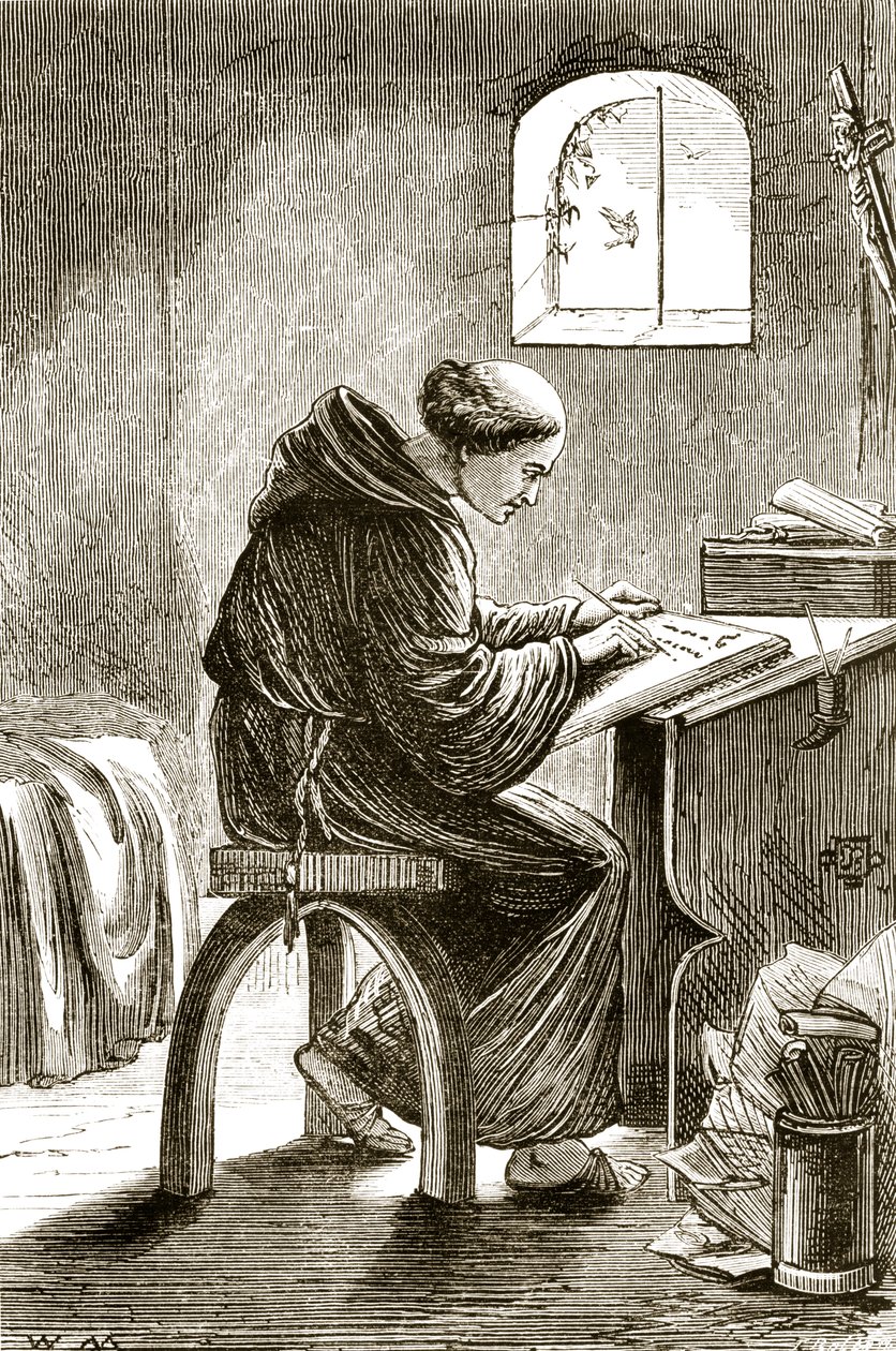 St. Vincent Writing in His Cell at Ferins, from The Trias Thaumaturga, or Three Wonder-Working Saints of Ireland, by Mary Cusack (1829-99) Published c.1890s by Irish School