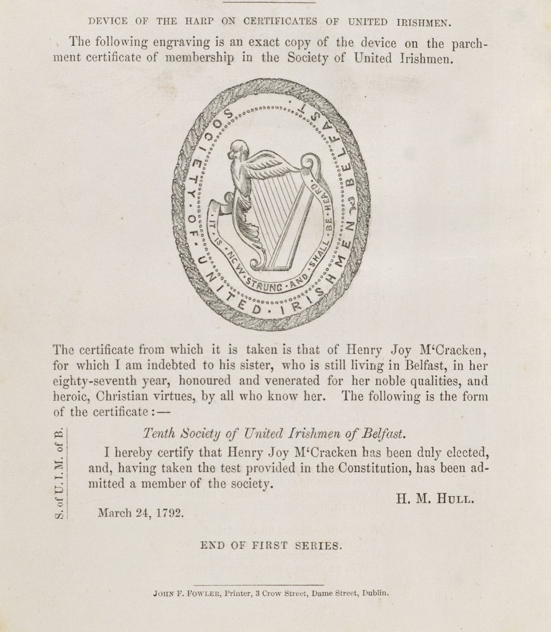 The Seal of the Society of United Irishmen of Belfast by Irish School
