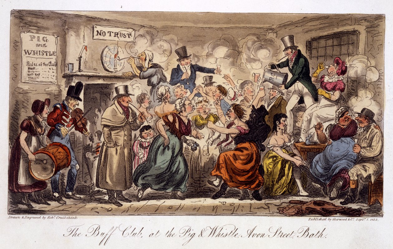 The Buff Club at the Pig and Whistle, Avon Street, Bath, from The English Spy, pub. London by Isaac Robert Cruikshank