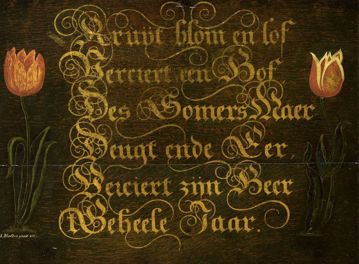 A Calligraphic Maxim, Flanked by Tulips by Isaac Hondius