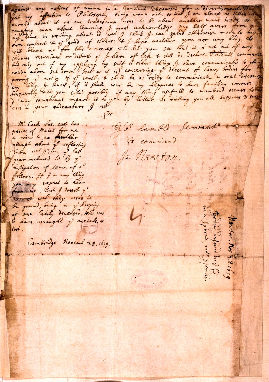 Letter Written by Isaac Newton, 28 November 1679 by Isaac Newton