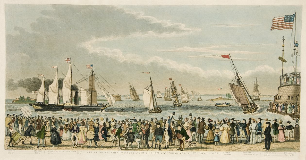 Arrival of the Great Western Steam Ship, off New York on Monday 23rd April, 1838, pub. 1842 by Isaac Robert Cruikshank