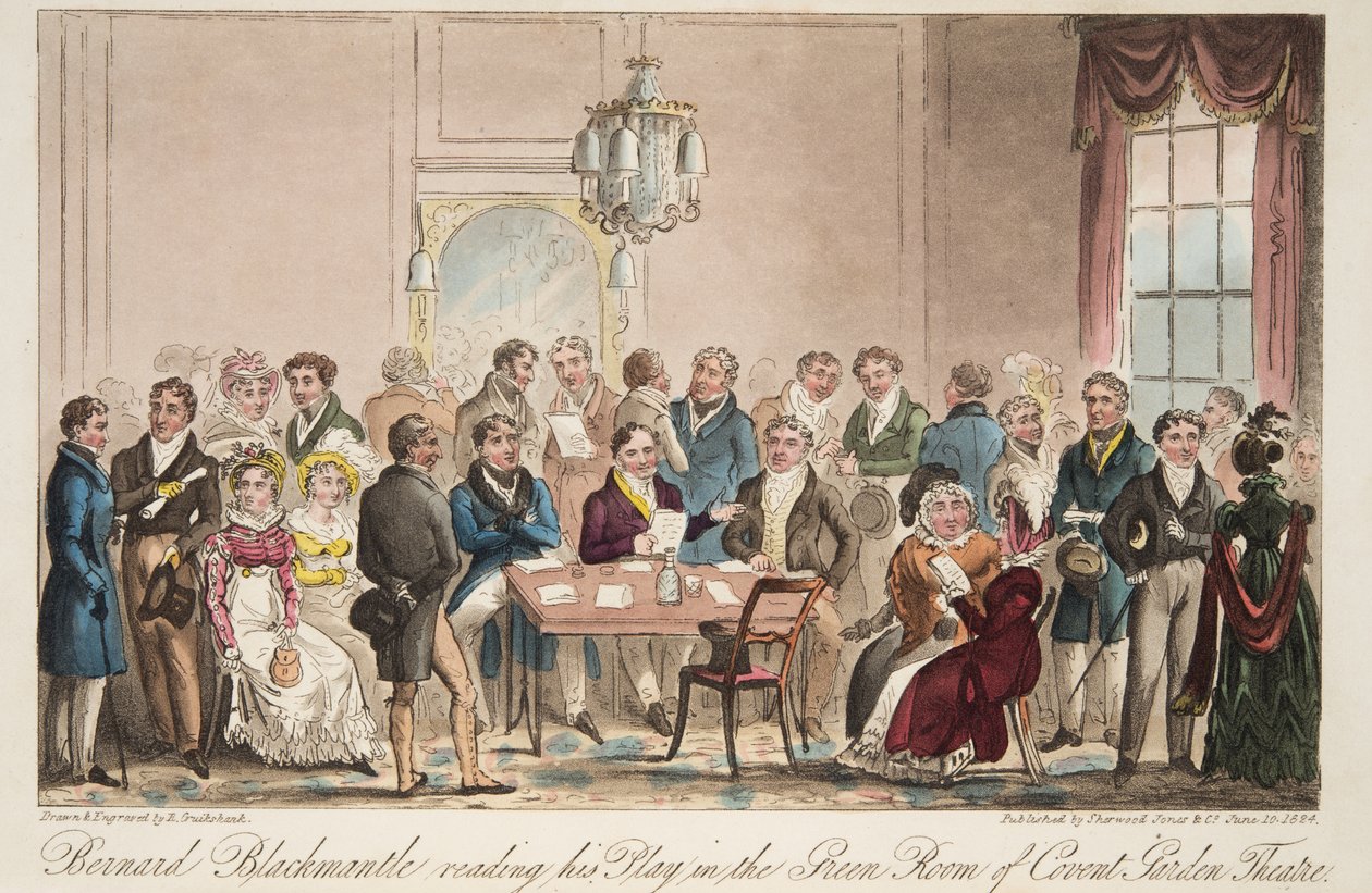 Bernard Blackmantle reading his play in the Green Room of Covent Garden Theatre, from The English Spy by Isaac Robert Cruikshank