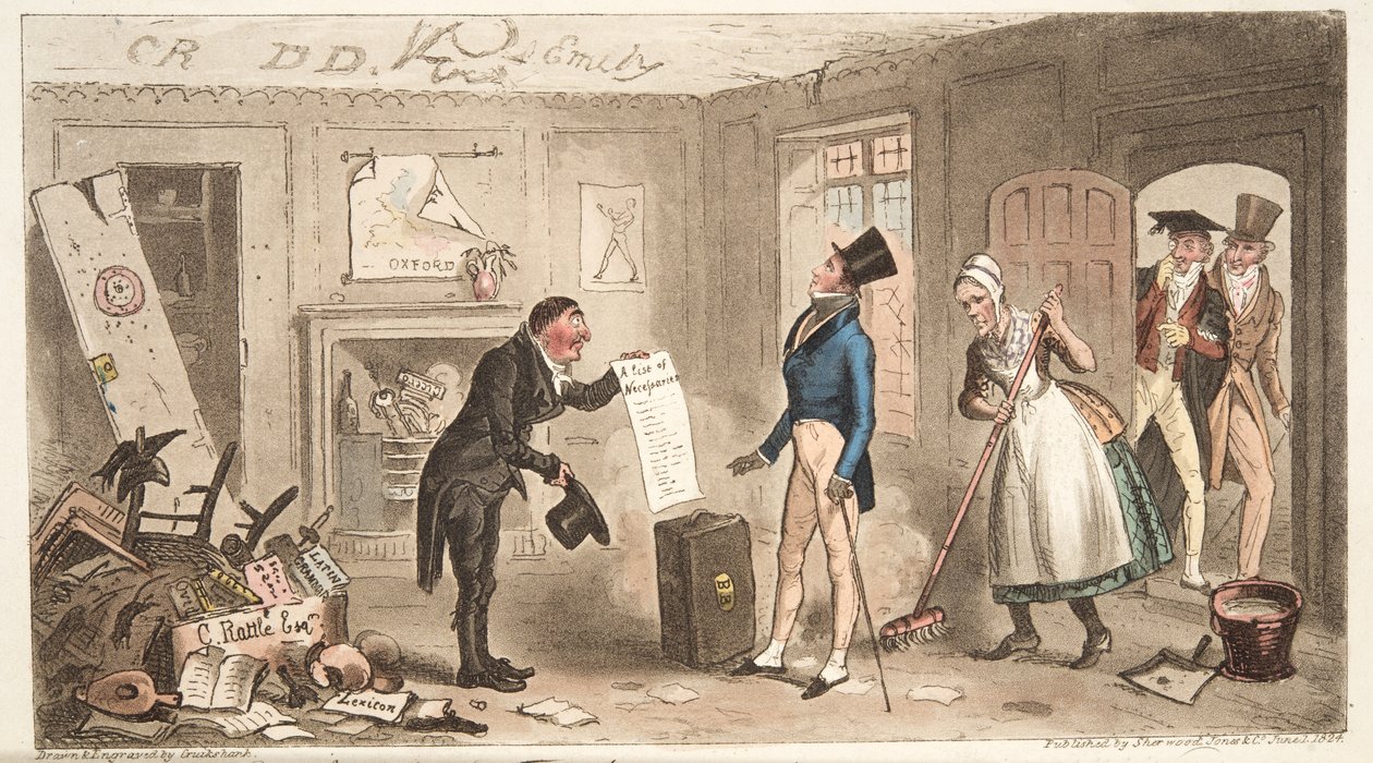 College Comforts, A Freshman taking possession of his Rooms, from The English Spy, published 1824 by Isaac Robert Cruikshank