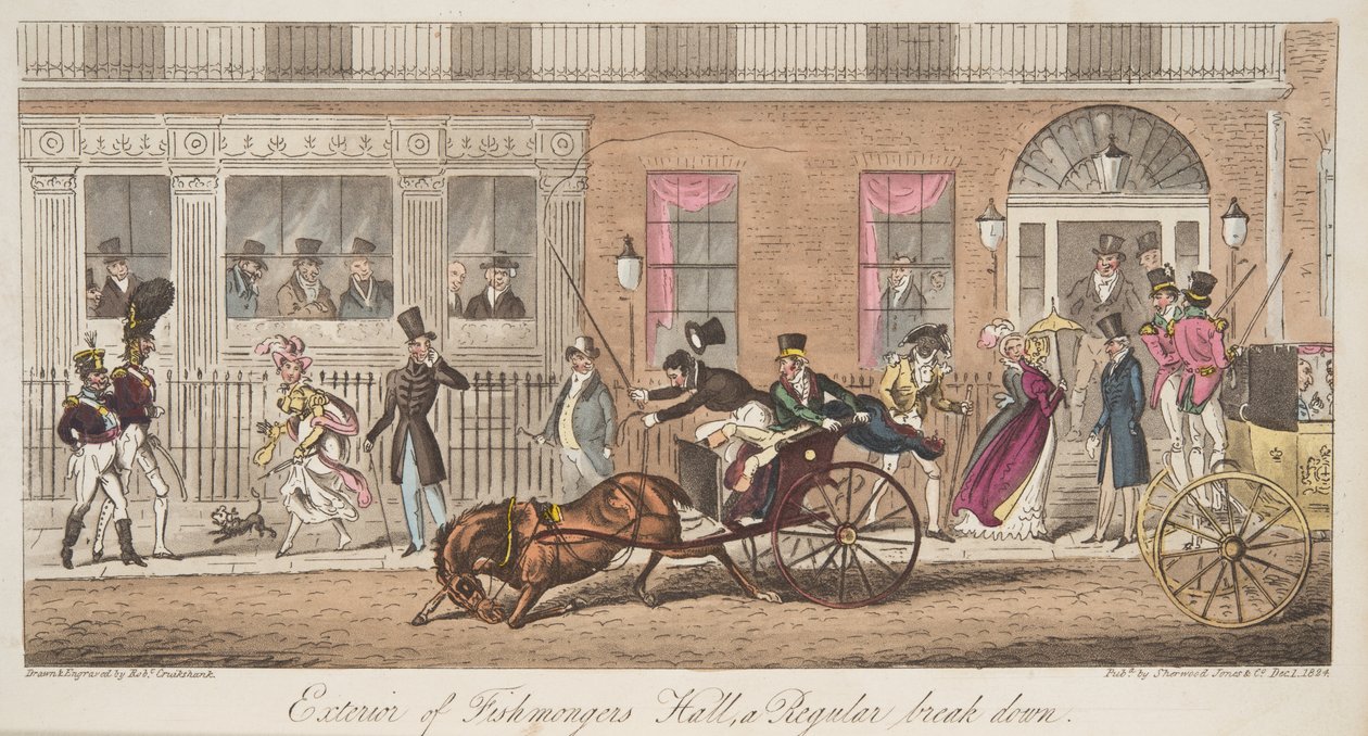 Exterior of Fishmongers Hall, St James Street, with a View of a Regular Breakdown, from The English Spy by Isaac Robert Cruikshank