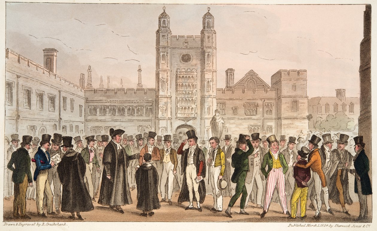 First Absence, or Etonians Answering Morning Master Roll, from The English Spy published 1824 by Isaac Robert Cruikshank