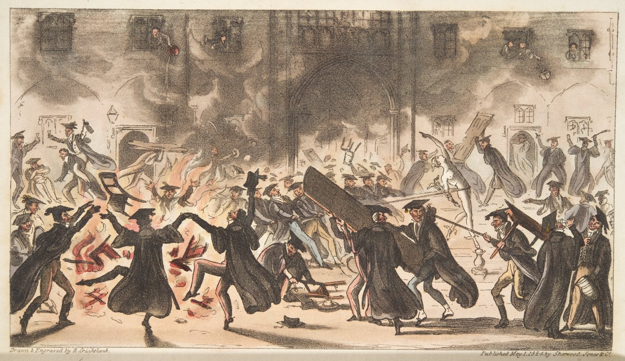 Flooring of Mercury, or the Burning of the Oaks, from The English Spy, published 1824 by Isaac Robert Cruikshank