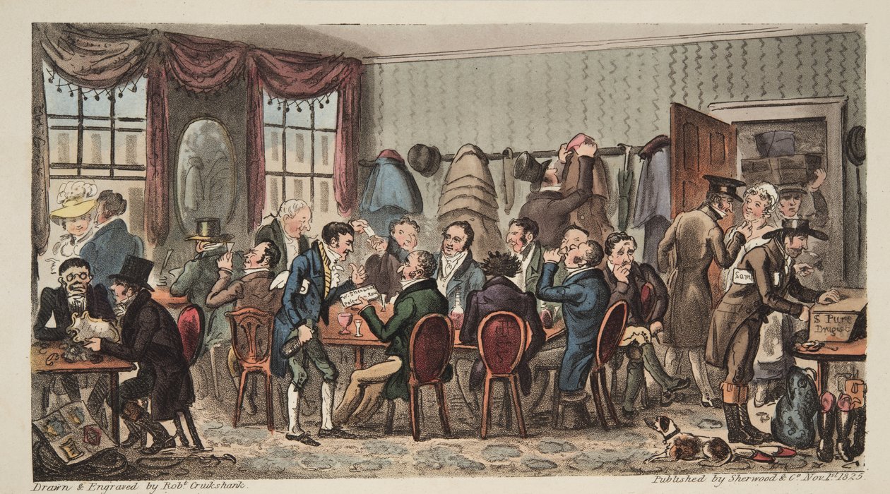 The Bags, Mens Banquet at the Bell Inn, Cheltenham, from The English Spy by Isaac Robert Cruikshank