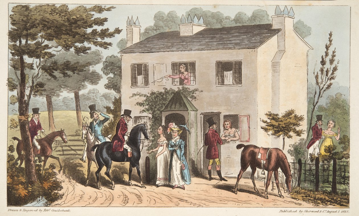 The Oakland Cottages, Cheltenham, or Fox Hunters and their Favourites, from The English Spy by Isaac Robert Cruikshank
