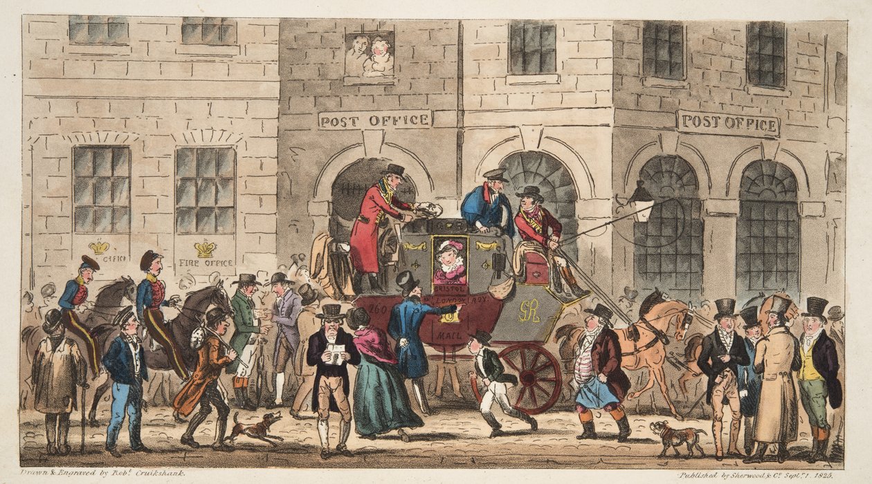 The Post Office Bristol, Arrival of the London Mail, from The English Spy by Isaac Robert Cruikshank